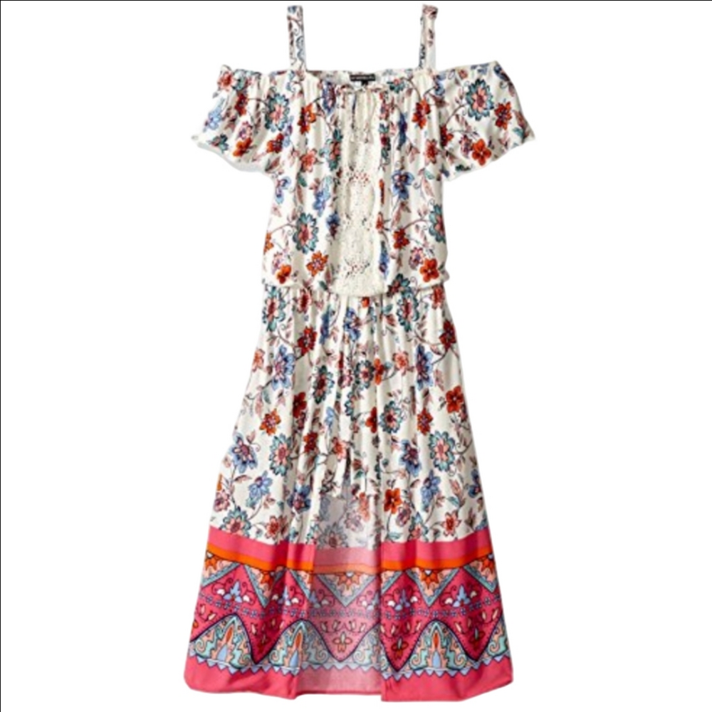 My Michelle Girls Floral Cold Shoulder Romper Maxi  Dress with Crochet